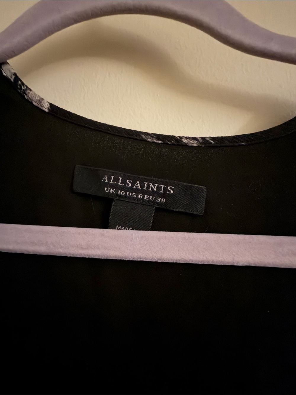 AllSaints Black Top with Subtle White Floral Trim - Picture 3 of 3